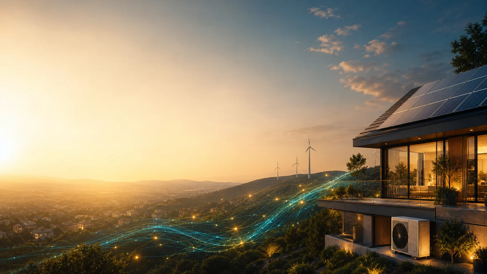 Energetikai vállalkozást és összekapcsolt digitális csatornákat bemutató tájkép